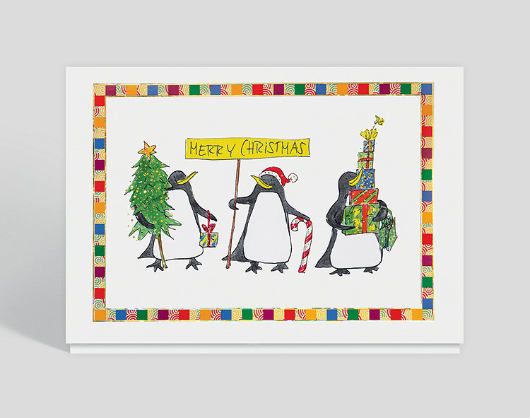 This cute design features three penguins celebrating Christmas. The colors are bright and beautiful and finished off with gold foil accents, for a cheery, fun look!