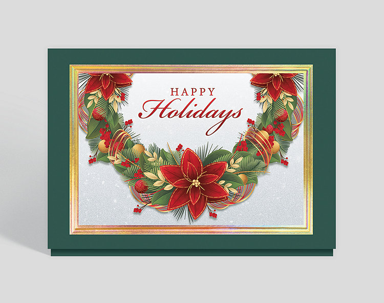 Poinsettia Accent Wreath Holiday Card - Greeting Cards