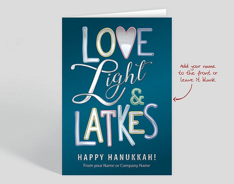 Love Light & Latkes Hanukkah Card - Greeting Cards